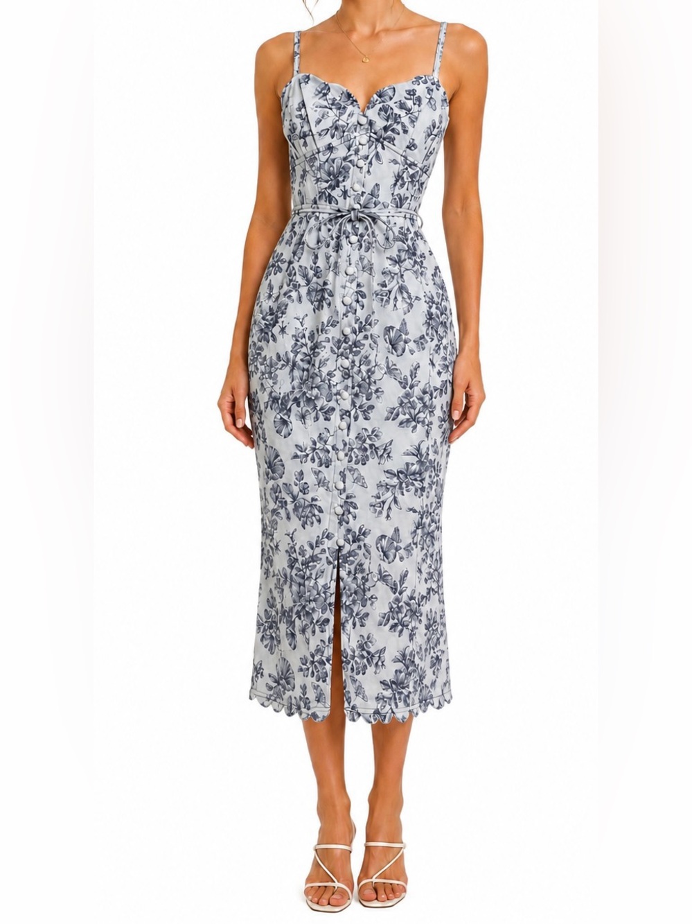 Anthropologie Butterfly Floral Toile Sweetheart Bustier Midi Dress Blue Size 6